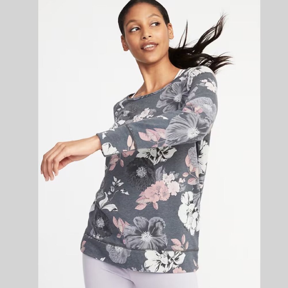 Old Navy Active Gray Floral French Terry Keyhole Back Sweatshirt Womens Sz Large